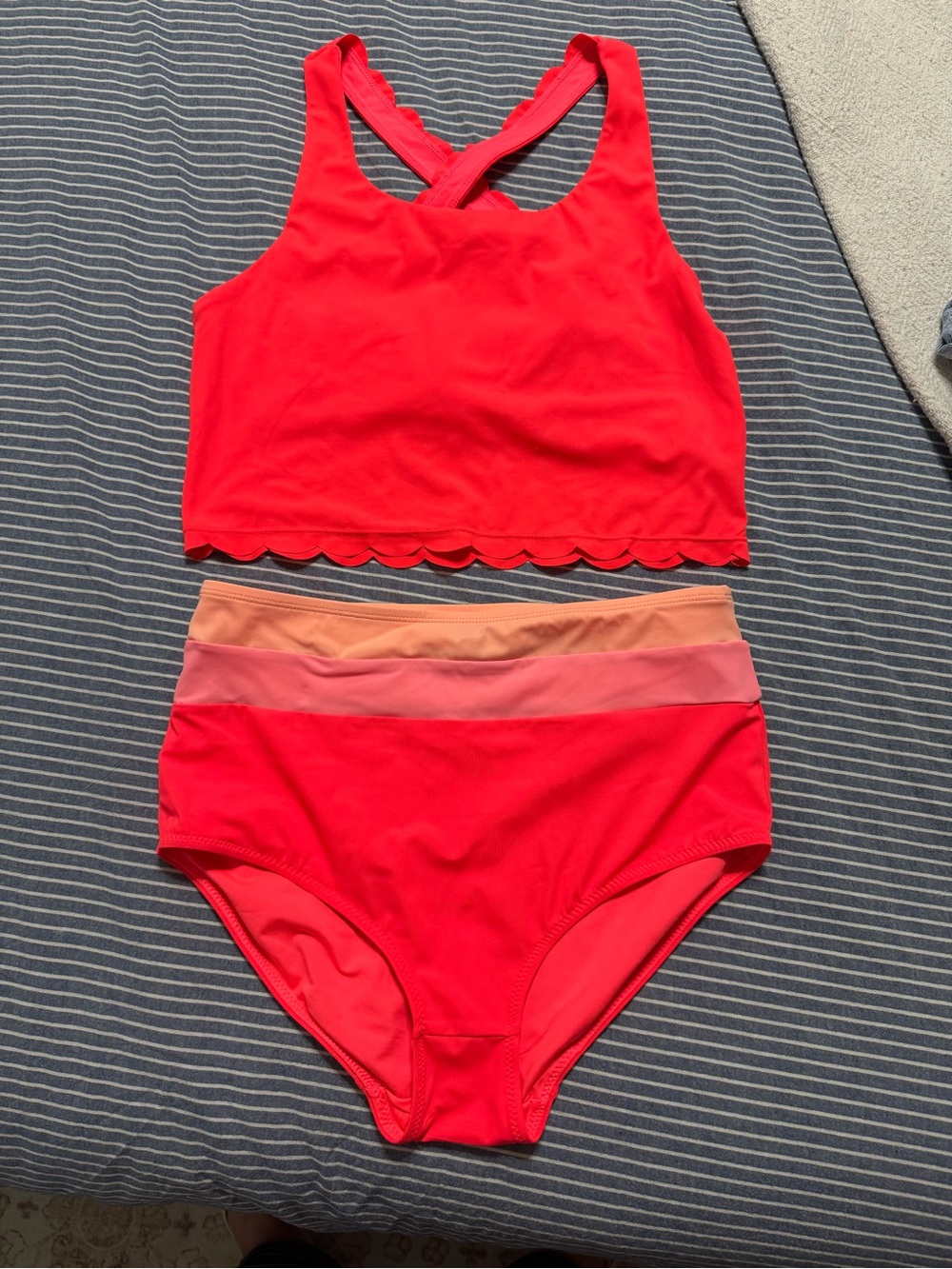 KIAVA Bright Coral Two-Piece Swim Set with Peach and Light Pink Bands